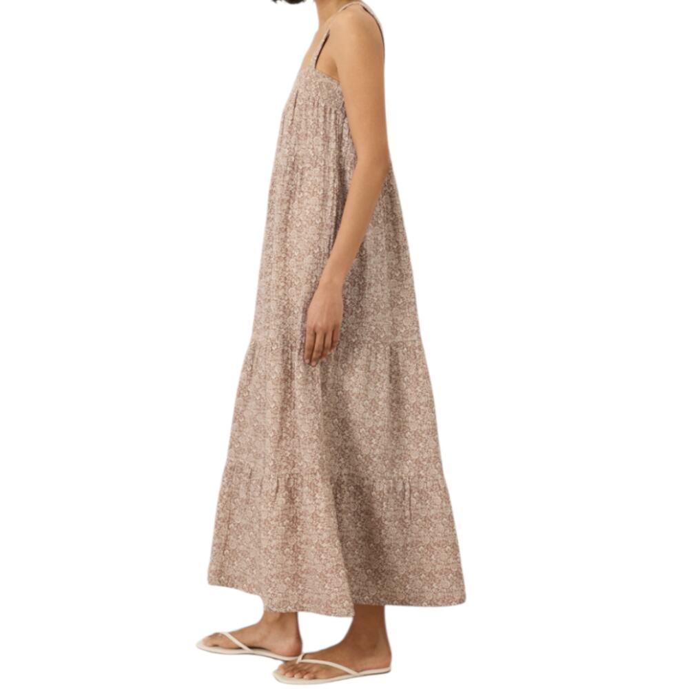 Pact Organic Coastal Gauze Tiered Maxi Dress Block Print Driftwood Brown Medium - Picture 3 of 16